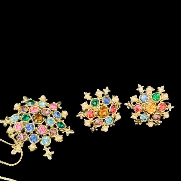 Gold Tone Necklace W/Rhinestone Pendant/Brooch And Screw Back Earrings Set (4882 - Picture 9 of 10